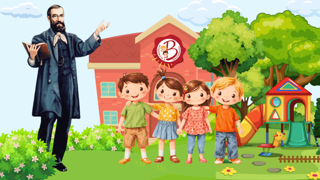 Grafika przedstawiająca dzieci stojące wraz z błogosławionym Edmundem Bojanowskim przed budynkiem ochronki.