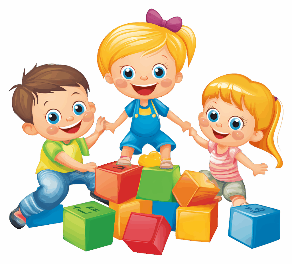 Grafika przedstawiająca trójkę dzieci bawiącą się klockami.