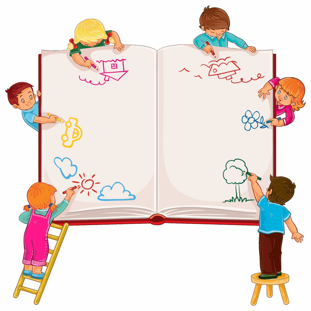 Grafika przedstawiająca dzieci malujące na dużej książce.